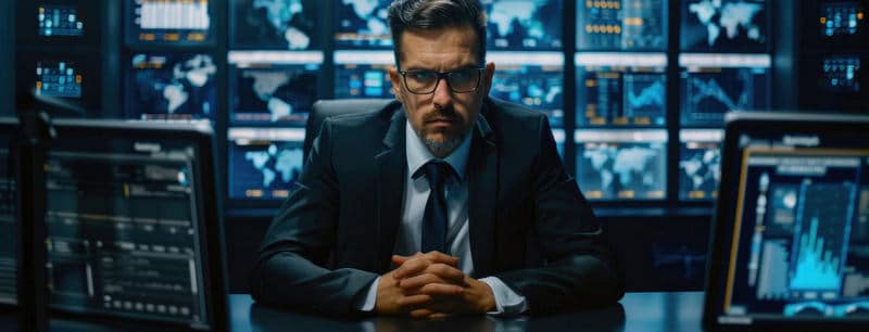 man in suit analyzing digital data on multiple screens